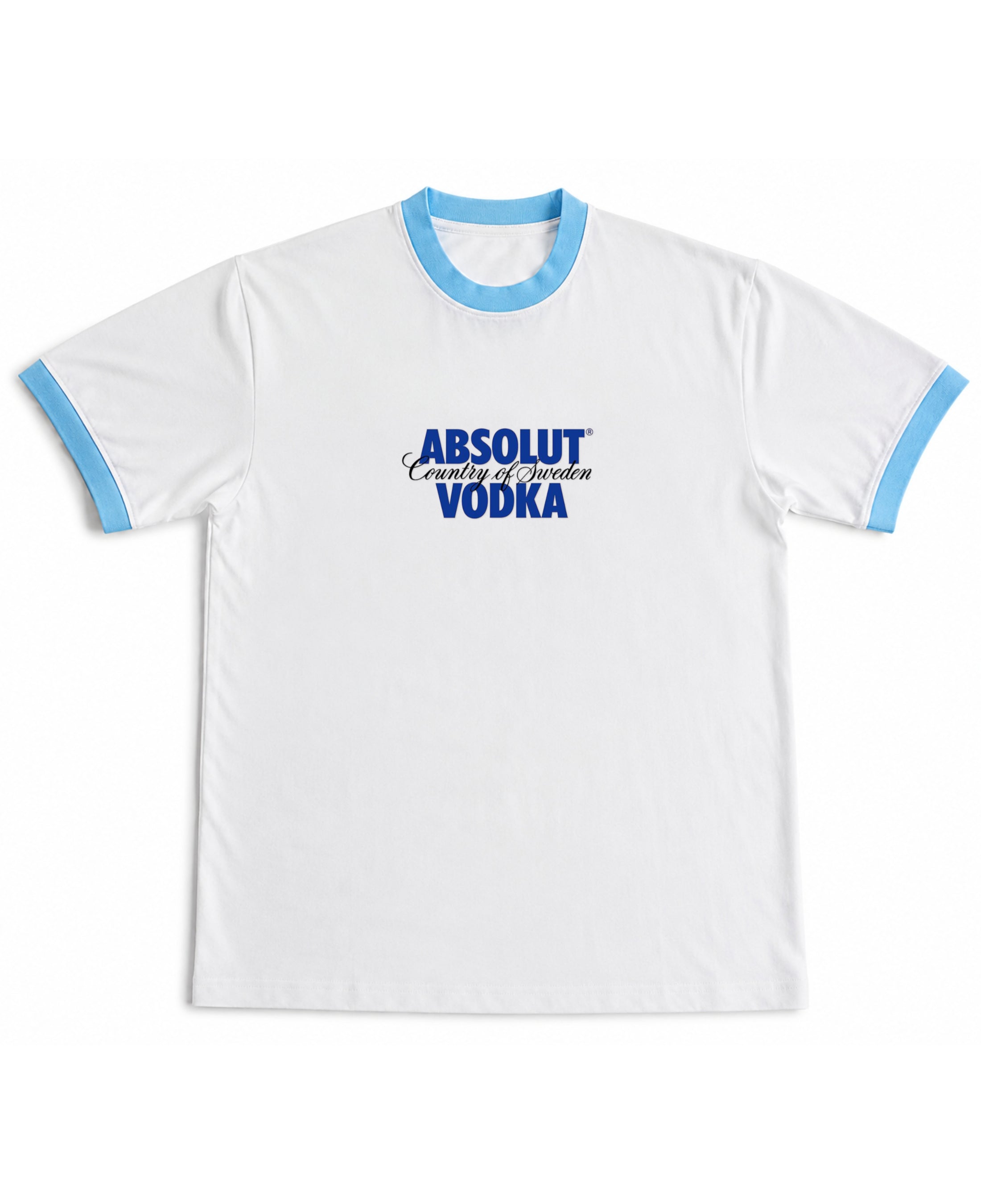 White & Sky Blue Ringer tee Front Design